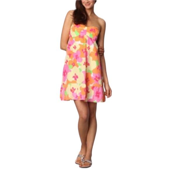 Lilly Pulitzer Dresses & Skirts - LILLY PULITZER HOTTY PINK YELLOW FLORAL PUNCH BLAIR STRAPLESS SILK PRINT DRESS